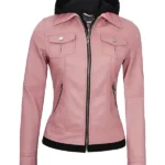 Women's Pink Leather Jacket With Hood