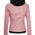 Women's Pink Leather Jacket With Hood Back
