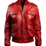 Women's Red Leather Bomber Jacket with Strap Pockets