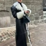 Elsa Hosk Black Shearling Black Leather Coat