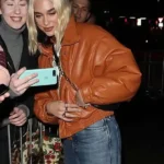 BBC Radio 1 Studios Dua Lipa Brown Cropped Leather Jacket