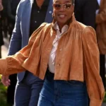 PFW 2026 Oprah Winfrey Beige Suede Leather Jacket