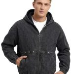 Studded Hooded Denim Jacket in Washed Black